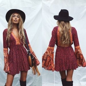 Free People Burgundy & Orange Bohemian Bell-Sleeve Romper